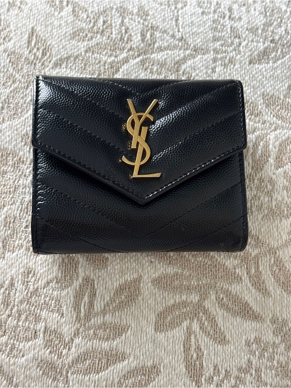 YSL Saint Laurent Black Chevron Logo Folding Wallet Women's Credit Card Holder